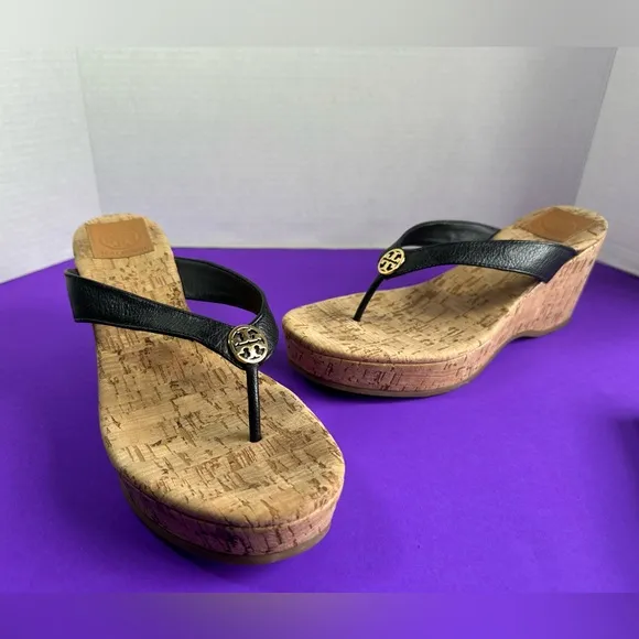 Tory Burch Leather Cork Wedge Platform Sandals Black Suzy Thora Womens 9.5M