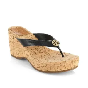 Tory Burch Leather Cork Wedge Platform Sandals Black Suzy Thora Womens 9.5M