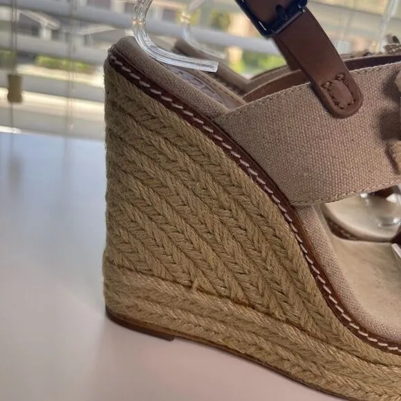 Tory Burch Linen Espadrille Wedge 7.5 Double Strap Sandals Boho Floral Jeweled
