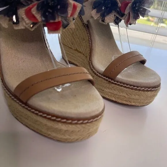Tory Burch Linen Espadrille Wedge 7.5 Double Strap Sandals Boho Floral Jeweled