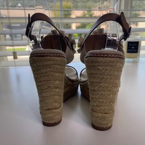 Tory Burch Linen Espadrille Wedge 7.5 Double Strap Sandals Boho Floral Jeweled