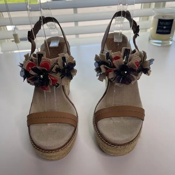 Tory Burch Linen Espadrille Wedge 7.5 Double Strap Sandals Boho Floral Jeweled
