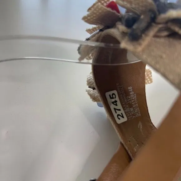 Tory Burch Linen Espadrille Wedge 7.5 Double Strap Sandals Boho Floral Jeweled