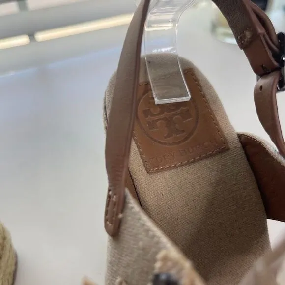 Tory Burch Linen Espadrille Wedge 7.5 Double Strap Sandals Boho Floral Jeweled