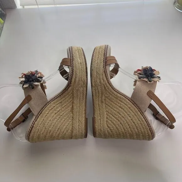 Tory Burch Linen Espadrille Wedge 7.5 Double Strap Sandals Boho Floral Jeweled