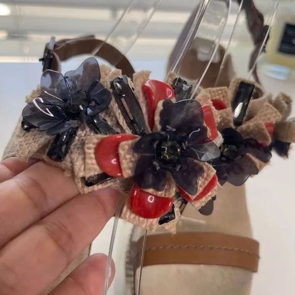 Tory Burch Linen Espadrille Wedge 7.5 Double Strap Sandals Boho Floral Jeweled