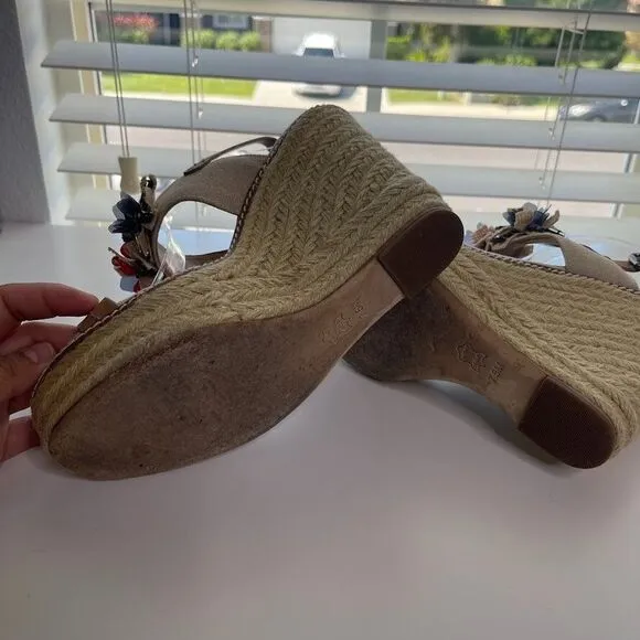 Tory Burch Linen Espadrille Wedge 7.5 Double Strap Sandals Boho Floral Jeweled