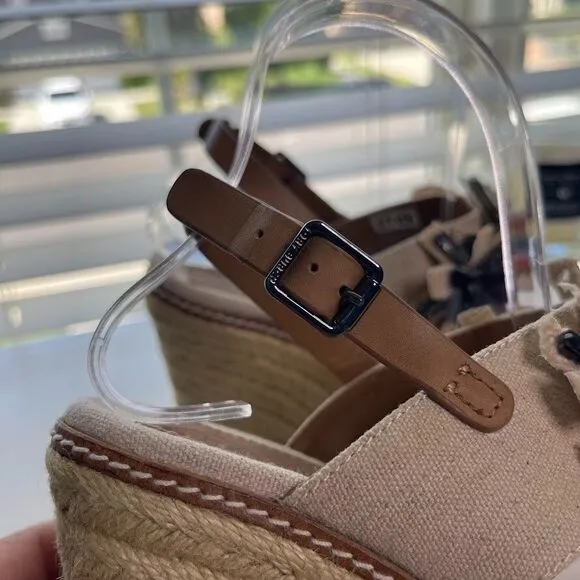 Tory Burch Linen Espadrille Wedge 7.5 Double Strap Sandals Boho Floral Jeweled