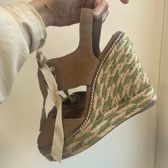 TORY BURCH Linley Green and Tan Wedge Espadrille Sandals Size 8