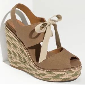 TORY BURCH Linley Green and Tan Wedge Espadrille Sandals Size 8