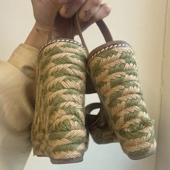 TORY BURCH Linley Green and Tan Wedge Espadrille Sandals Size 8