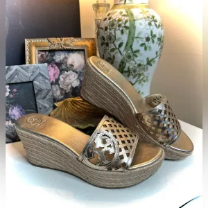 Tory Burch Metallic Gold Leather Thatched Espadrille Platform Wedge Sandals