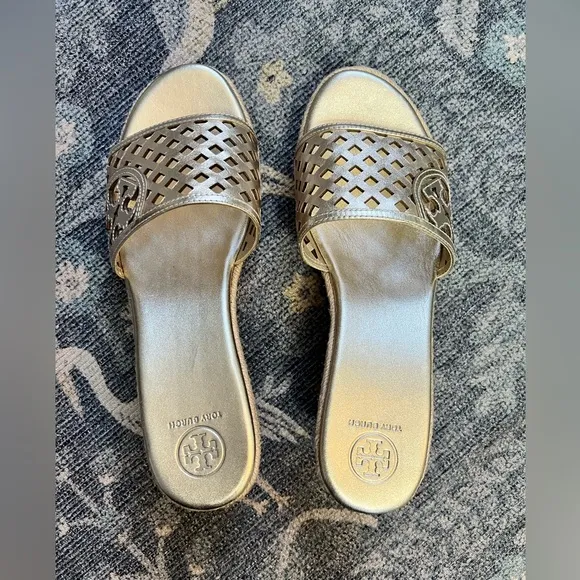 Tory Burch Metallic Gold Leather Thatched Espadrille Platform Wedge Sandals