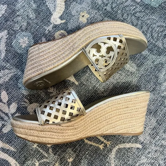 Tory Burch Metallic Gold Leather Thatched Espadrille Platform Wedge Sandals