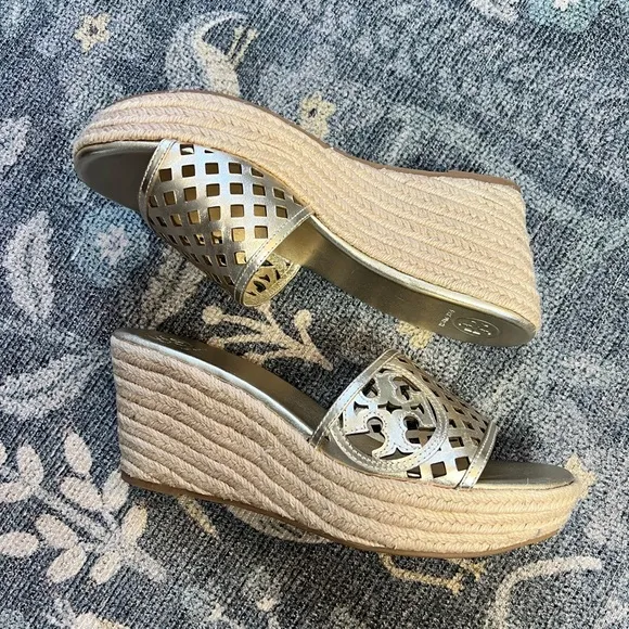 Tory Burch Metallic Gold Leather Thatched Espadrille Platform Wedge Sandals