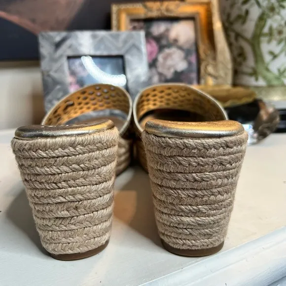 Tory Burch Metallic Gold Leather Thatched Espadrille Platform Wedge Sandals
