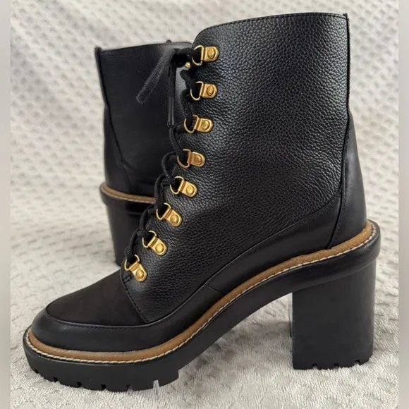 Tory Burch Miller 95mm Mixed Materials Lug Sole Bootie in Black Leather Size 8M