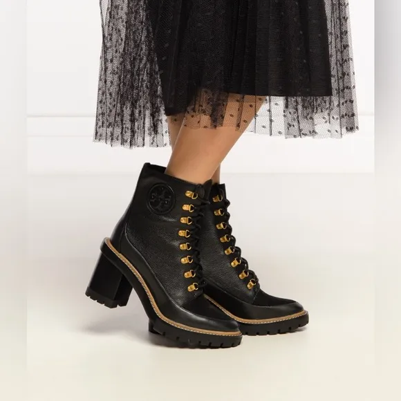 Tory Burch Miller 95mm Mixed Materials Lug Sole Bootie in Black Leather Size 8M