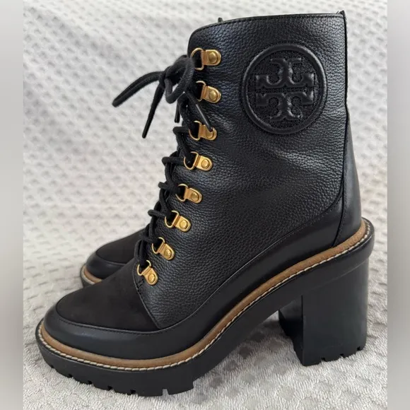 Tory Burch Miller 95mm Mixed Materials Lug Sole Bootie in Black Leather Size 8M