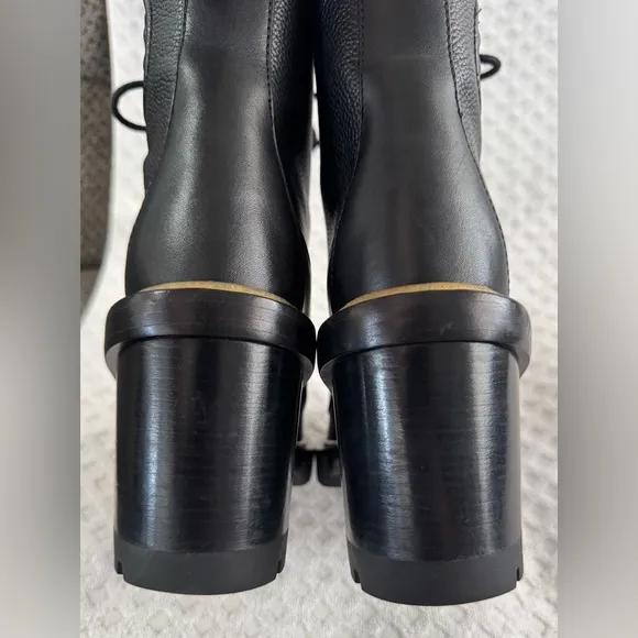 Tory Burch Miller 95mm Mixed Materials Lug Sole Bootie in Black Leather Size 8M