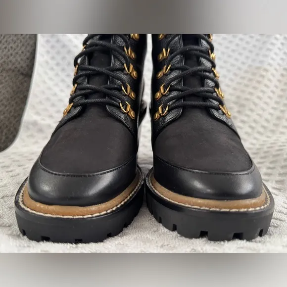 Tory Burch Miller 95mm Mixed Materials Lug Sole Bootie in Black Leather Size 8M