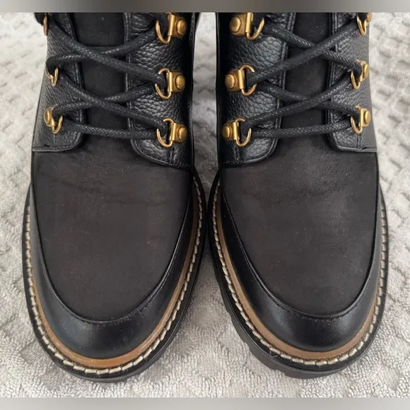 Tory Burch Miller 95mm Mixed Materials Lug Sole Bootie in Black Leather Size 8M