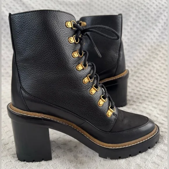 Tory Burch Miller 95mm Mixed Materials Lug Sole Bootie in Black Leather Size 8M