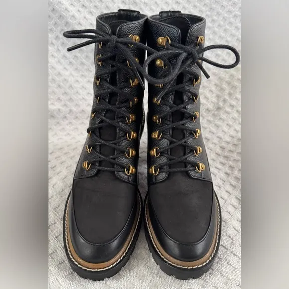 Tory Burch Miller 95mm Mixed Materials Lug Sole Bootie in Black Leather Size 8M