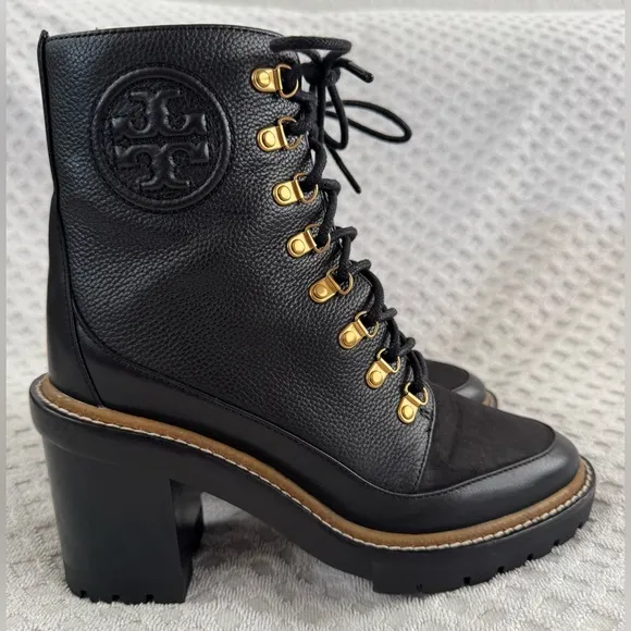Tory Burch Miller 95mm Mixed Materials Lug Sole Bootie in Black Leather Size 8M