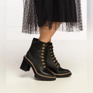 Tory Burch Miller 95mm Mixed Materials Lug Sole Bootie in Black Leather Size 8M