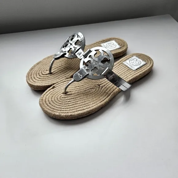 Tory Burch Miller Silver Mirror Metallic Espadrille Sandals