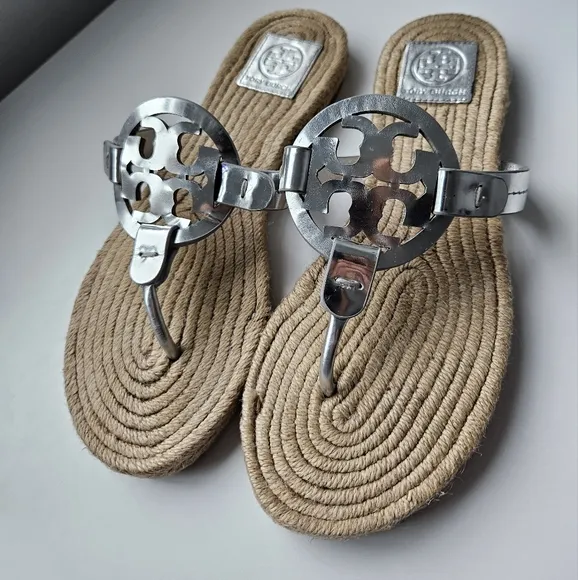 Tory Burch Miller Silver Mirror Metallic Espadrille Sandals