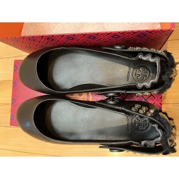 Tory Burch Minnie Two Way Ballet Flats Embellishment Black, Size 7.5 Brand New