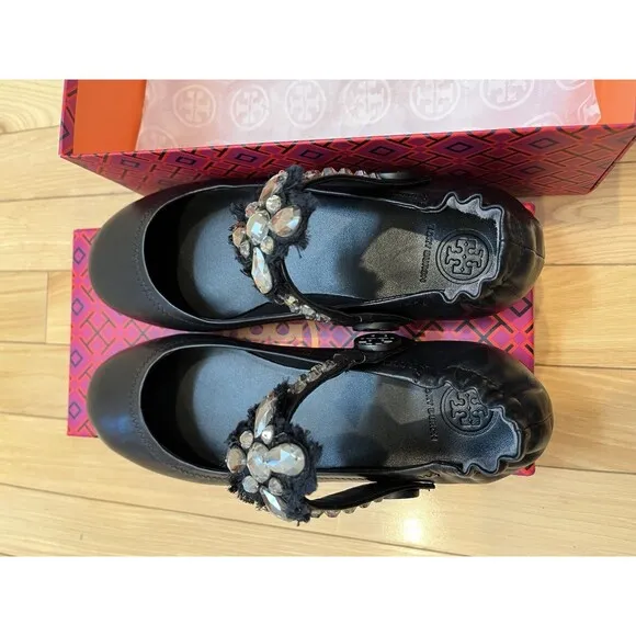 Tory Burch Minnie Two Way Ballet Flats Embellishment Black, Size 7.5 Brand New