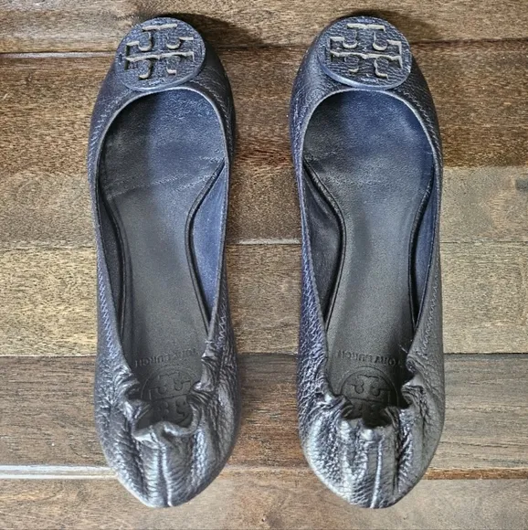Tory Burch Navy Reva Tumbled Leather Ballet Flats