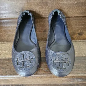 Tory Burch Navy Reva Tumbled Leather Ballet Flats