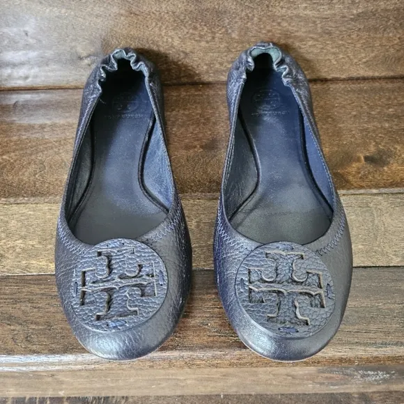 Tory Burch Navy Reva Tumbled Leather Ballet Flats