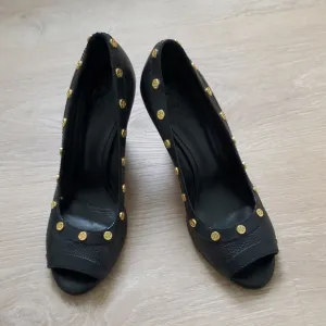 Tory Burch Nelson Leather Wedge Shoes Black With Gold Sz9.5