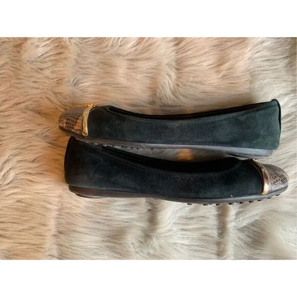 Tory Burch Pacey Driver Green Suede Snakeskin Cap Toe Ballet Flats Size 6.5 M