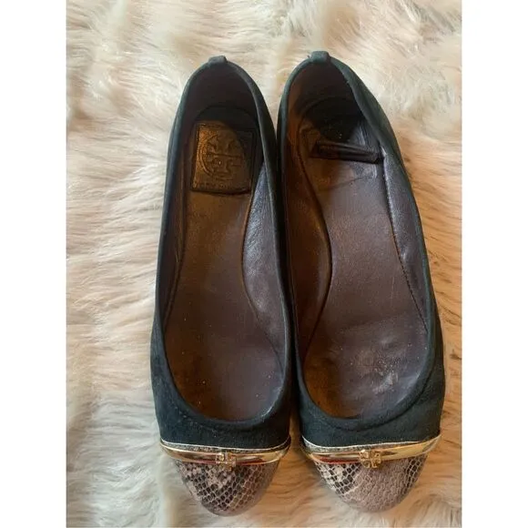 Tory Burch Pacey Driver Green Suede Snakeskin Cap Toe Ballet Flats Size 6.5 M