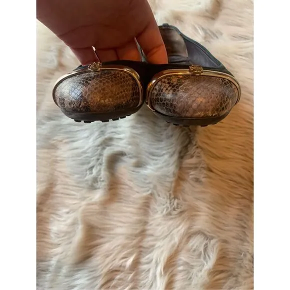 Tory Burch Pacey Driver Green Suede Snakeskin Cap Toe Ballet Flats Size 6.5 M