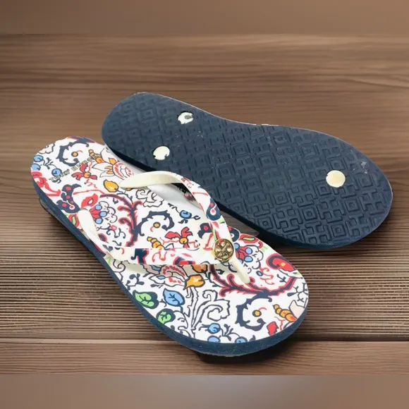 Tory Burch Pink/Red Flower Pattern Thong Sandals Shoe Flip Flops Designer Size 6