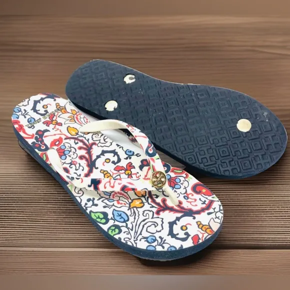Tory Burch Pink/Red Flower Pattern Thong Sandals Shoe Flip Flops Designer Size 6