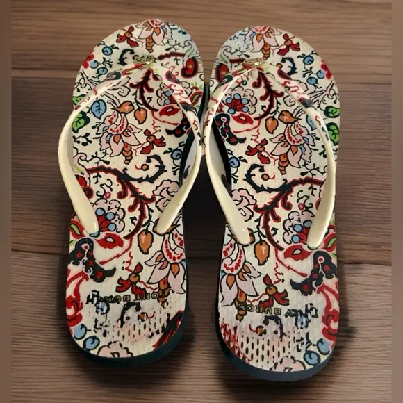 Tory Burch Pink/Red Flower Pattern Thong Sandals Shoe Flip Flops Designer Size 6