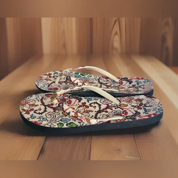 Tory Burch Pink/Red Flower Pattern Thong Sandals Shoe Flip Flops Designer Size 6