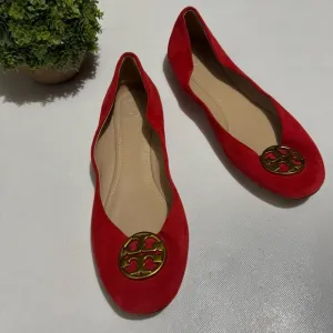 Tory Burch Red Gold Leather Suede Ballet Flats Shoes Size 8.5 Classic French