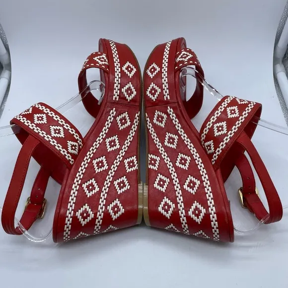 Tory Burch Reena Tribal Platform Wedge Sandals Leather Red White Women’s Size 9