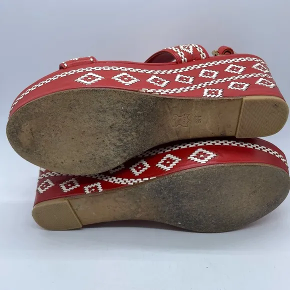 Tory Burch Reena Tribal Platform Wedge Sandals Leather Red White Women’s Size 9