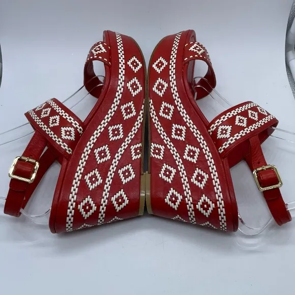 Tory Burch Reena Tribal Platform Wedge Sandals Leather Red White Women’s Size 9