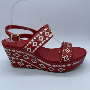 Tory Burch Reena Tribal Platform Wedge Sandals Leather Red White Women’s Size 9